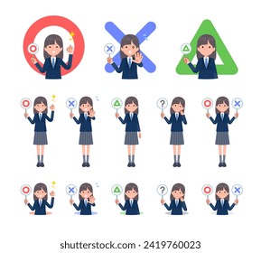 A set of navy blazer student women with a round plate.It's vector art so easy to edit.