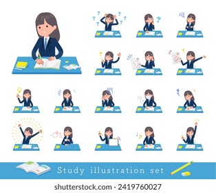 A set of navy blazer student women on study.It's vector art so easy to edit.