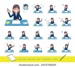 A set of navy blazer student women studying on a tablet device.It's vector art so easy to edit.