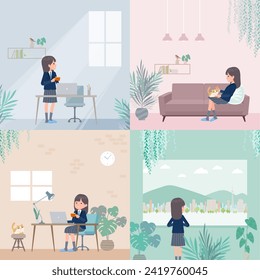 A set of navy blazer student women relaxing in the room.  It's vector art so easy to edit.