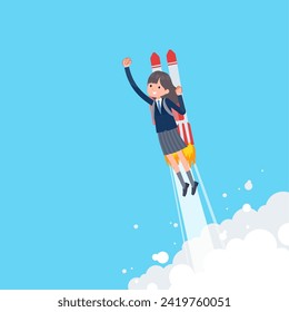 A set of navy blazer student women taking off with a rocket jet.It's vector art so easy to edit.