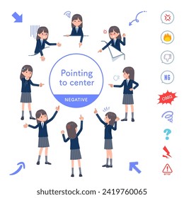 A set of navy blazer student women pointing in different directions.negative expression.It's vector art so easy to edit.