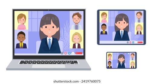 A set of navy blazer student women having an online meeting. A set of laptop, tablet and smartphone.It's vector art so easy to edit.