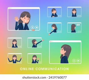 A set of navy blazer student women communicating online.It's vector art so easy to edit.