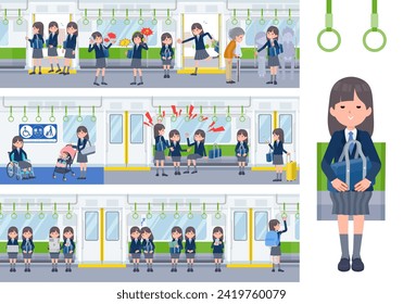 A set of navy blazer student women on the train.It's vector art so easy to edit.