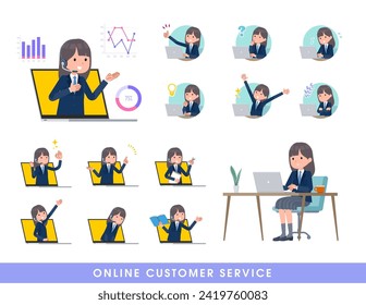 A set of navy blazer student women serving customers online.It's vector art so easy to edit.