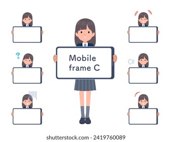 A set of navy blazer student women and smartphone screen.type-C.It's vector art so easy to edit.The inside of the screen is transparent, so it is easy to fit.