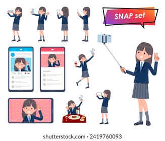 A set of navy blazer student women shooting with a smartphone.It's vector art so easy to edit.