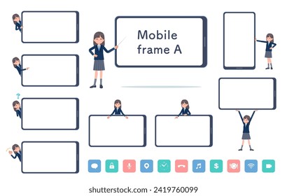 A set of navy blazer student women and smartphone screen.type-A.It's vector art so easy to edit.The inside of the screen is transparent, so it is easy to fit.