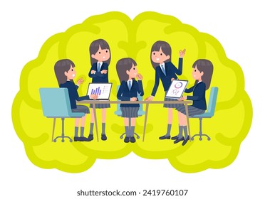 A set of navy blazer student women having an intracerebral meeting.It's vector art so easy to edit.