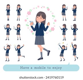 A set of navy blazer student women to enjoy using a smartphone.It's vector art so easy to edit.