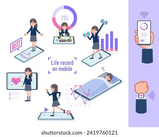 A set of navy blazer student women who manage their behavior and health on their smartphones.It's vector art so easy to edit.