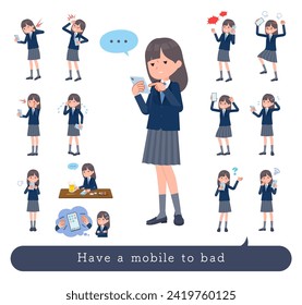 A set of navy blazer student women to Unhappy using a smartphone.It's vector art so easy to edit.