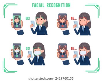 A set of navy blazer student women doing facial recognition on their phones.It's vector art so easy to edit.