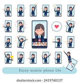 A set of navy blazer student women who enjoy smartphones and online.It's vector art so easy to edit.