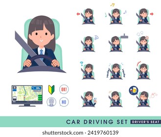 A set of navy blazer student women driving a car(driving seat).It's vector art so easy to edit.