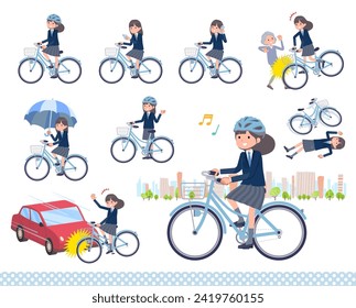 A set of navy blazer student women riding a city cycle.It's vector art so easy to edit.