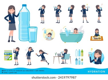 A set of navy blazer student women drinking water.It's vector art so easy to edit.