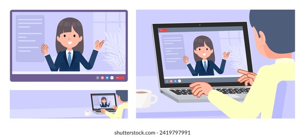 A set of navy blazer student women having a video chat. It's vector art so easy to edit.