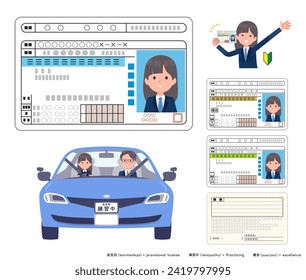 A set of navy blazer student women who get a driver's license.It's vector art so easy to edit.