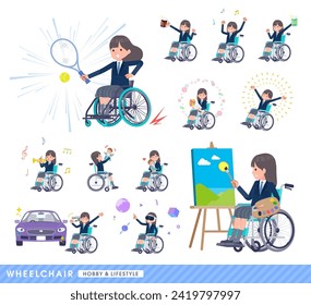 A set of navy blazer student women in a wheelchair.About hobbies and lifestyle.It's vector art so easy to edit.