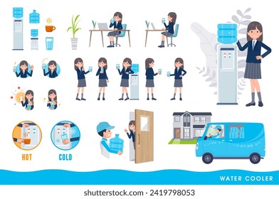 A set of navy blazer student women and water cooler.It's vector art so easy to edit.