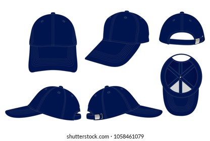 Set Navy Blue Baseball Cap With Silver Buckle Strap Vector Template.