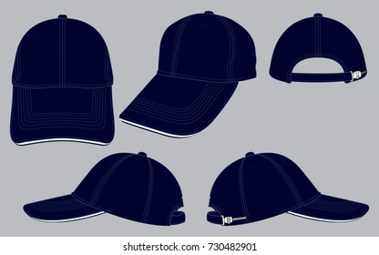 Set navy blue baseball cap, plastic lock slide buckle vector for template.