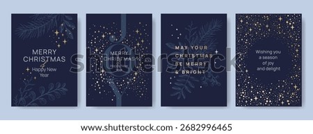 Set of navy blue Christmas and New Year greeting cards with golden stars and holiday typography. Festive template with botanical branches, lettering, and decorative background