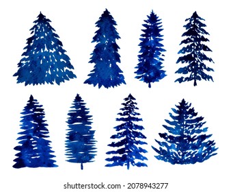 Set of navy blue conifer trees. Hand painted watercolor. Isolated on white background.