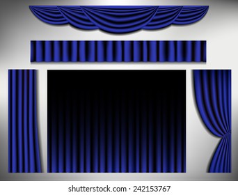 Set Of Navy Blue Curtain, Vector Illustration.