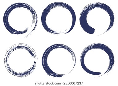 Set of Navy blue line circle frames with brush strokes