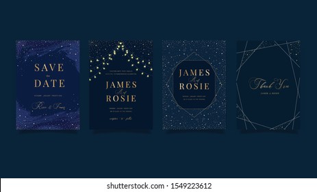 set of Navy Blue Universe Wedding Invitation, universe invite thank you, rsvp modern card Design in little star light in the sky, space Vector elegant rustic template
