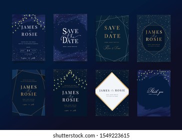 Set Of Navy Blue Universe Wedding Invitation, Universe Invite Thank You, Rsvp Modern Card Design In Little Star Light In The Sky, Space Vector Elegant Rustic Template
