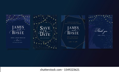 Set Of Navy Blue Universe Wedding Invitation, Universe Invite Thank You, Rsvp Modern Card Design In Little Star Light In The Sky, Space Vector Elegant Rustic Template
