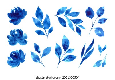 Set Of Navy Blue Watercolor Flowers And Leaves Isolated On White Background. Loose Watercolor Technique.