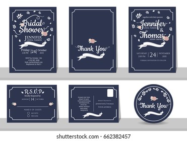 Set of Navy Blue Wedding invitation card minimalist style. Bridal shower card. RSVP card. Thank you sticker.Front and Back template. for sweet couple concept .Vector/Illustration