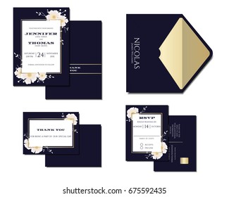 Set of Navy Blue Wedding Invitation Card Decoration with flowers and Gold line. Vector/Illustration