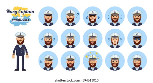 Set of navy captain emoticons. Captain emojis showing different facial expressions. Happy, sad, smile, laugh, surprised, serious, angry, in love and other emotions. Simple vector illustration