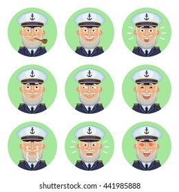 Set of navy captain emoticons. Man avatars showing different emotions. Happy, smile, sad, cry, angry, love, surprised, upset, laugh and other facial expressions. Flat style vector illustration