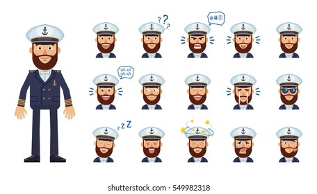 Set of navy captain emoticons. Skipper avatars showing different facial expressions. Happy, sad, smile, laugh, surprised, serious, dizzy, sleepy and other emotions. Simple vector illustration