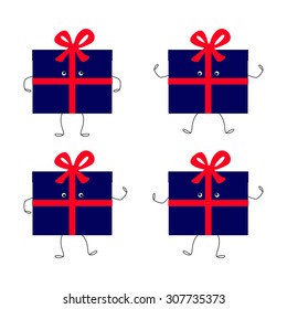 Set of navy colored gift box characters with wide red ribbon tied in a big red bow on the top of it isolated on white background. Logo template. Design element