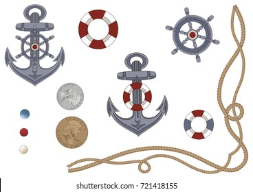 Set of navy elements such as anchor, helm, life ring, coins, ropes (you could us it as a brush in graphic programs) and pearls in white, red and blue colors