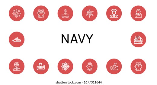 Set of navy icons. Such as Helm, Captain, Galleon, Sailor, Battleship, Rudder, Submarine , navy icons