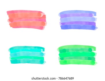 Set navy, purple, blue, green, red watercolor hand painted gradient stripes isolated on white. Abstract collection of fluid ink, acrylic dry brush strokes, stains, spots, geometric horizontal lines.
