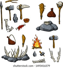 Set of Neanderthal and caveman items. Mammoth trap, spear, totem, axe, club, hammer, fire, bone, horn, raw meat. Cartoon sketch drawn illustration