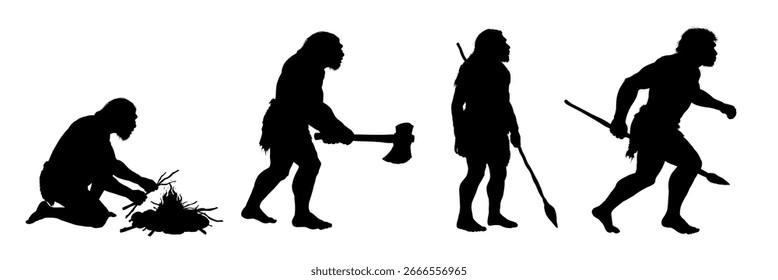Set of neanderthal primitive man silhouettes  - vector illustration