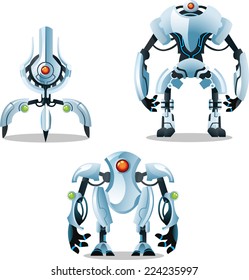 Set of near future future mechanical robot drone in three positions cartoon vector illustration