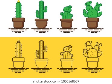 A set of neat aesthetic cartoon cactus mono line with additional color version