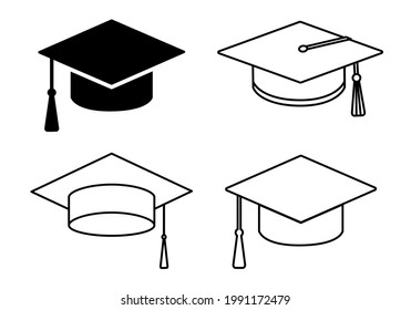 Conjunto de gorra de graduación limpia con tassel. Símbolo oficial de educación, mortero o gorro de graduación. Accesorio estudiantil, sombrero. Contornos negros aislados en un fondo blanco. Estilo llano y lacónico. Vector.